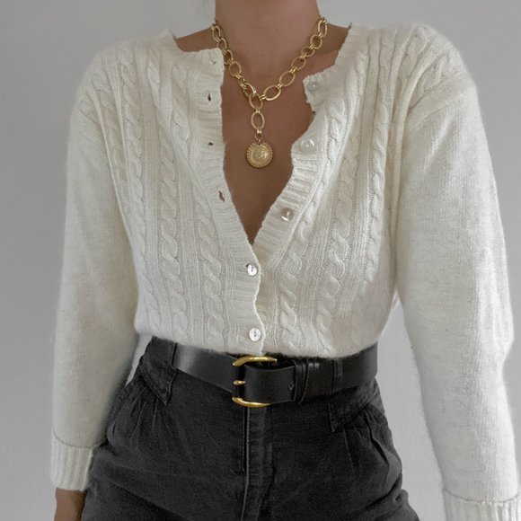 Vintage White Angora Cable Knit Cardigan Sweater - Picture 6 of 9
